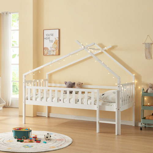 Kinderbed Sotkamo huisbed hoog uitvoering met bedbodem [en.casa]