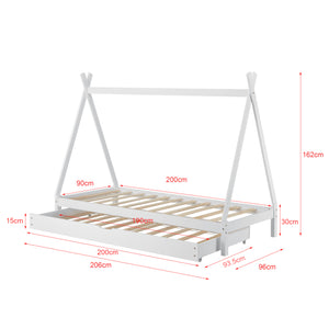 Kinderbed Tipi met onderschuifbed en 1 matras 90x200 cm - verschillende kleuren