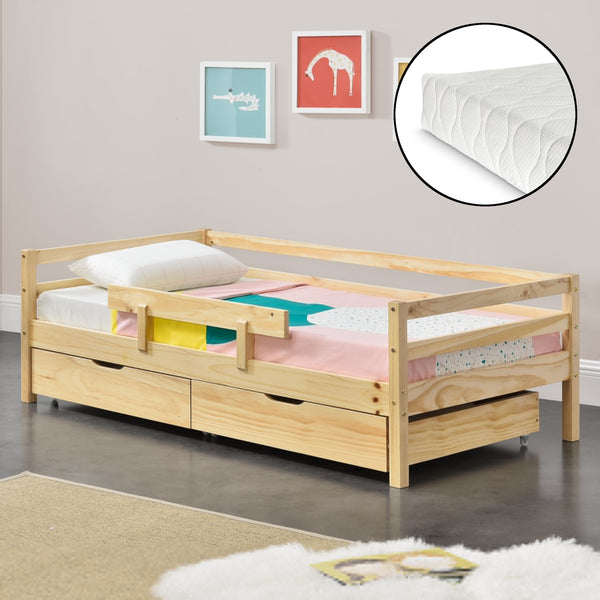 Kinderbed Reykholt met uitvalbeveiliging matras en 2 lades - verschillende kleuren en maten
