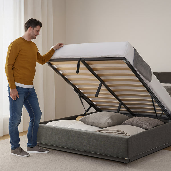 Tweepersoonsbed Tröstiar led bed met opbergruimte linnen [en.casa]