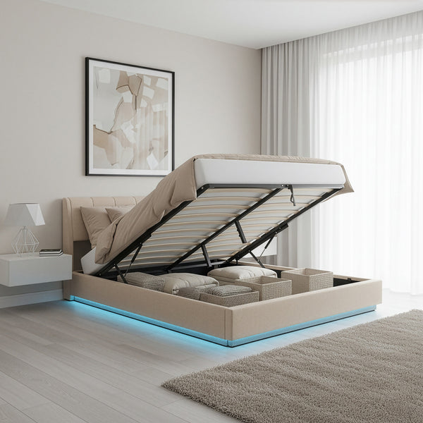 Tweepersoonsbed Tröstiar led bed met opbergruimte linnen [en.casa]