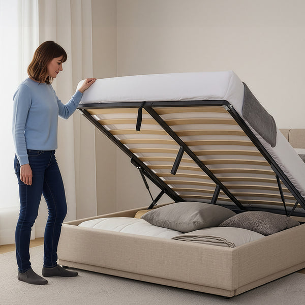 Tweepersoonsbed Tröstiar led bed met opbergruimte linnen [en.casa]