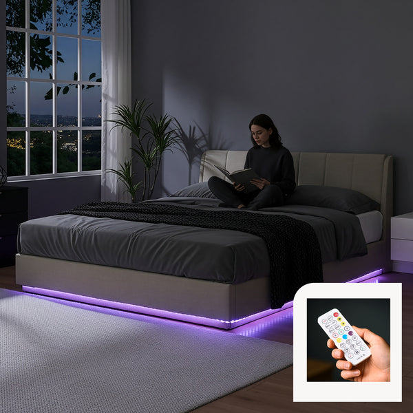 Tweepersoonsbed Tröstiar led bed met opbergruimte linnen [en.casa]