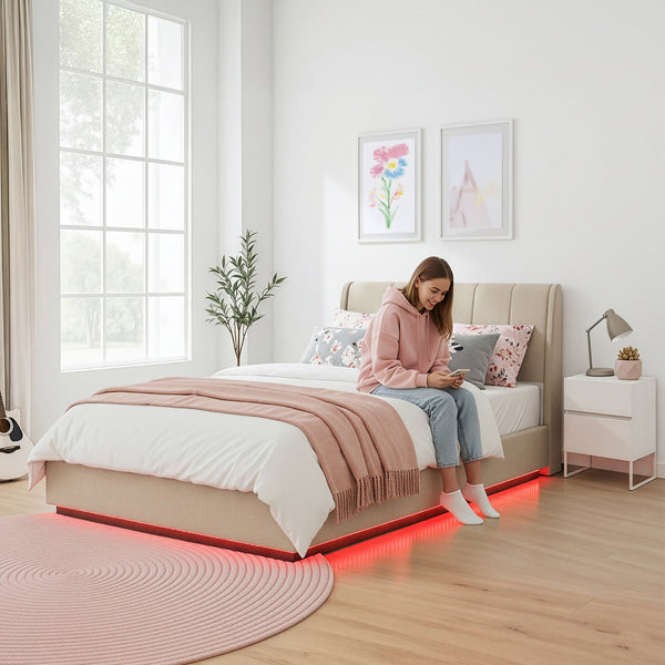 Tweepersoonsbed Tröstiar led bed met opbergruimte linnen [en.casa]