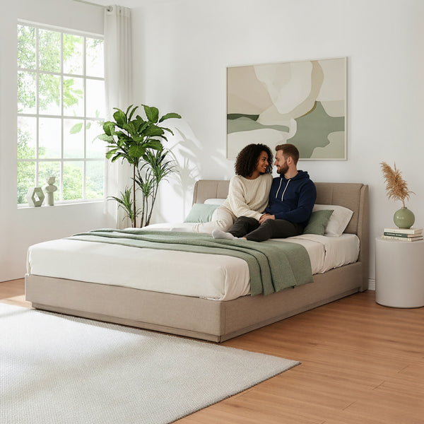 Tweepersoonsbed Tröstiar led bed met opbergruimte linnen [en.casa]