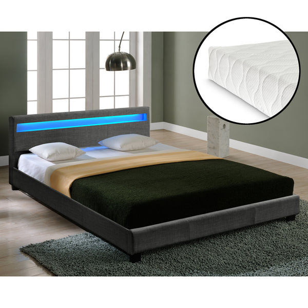 Houten tweepersoonsbed stof donkergrijs met of zonder LED-verlichting en matras - 8 varianten