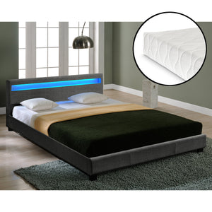 Houten tweepersoonsbed stof donkergrijs met of zonder LED-verlichting en matras - 8 varianten