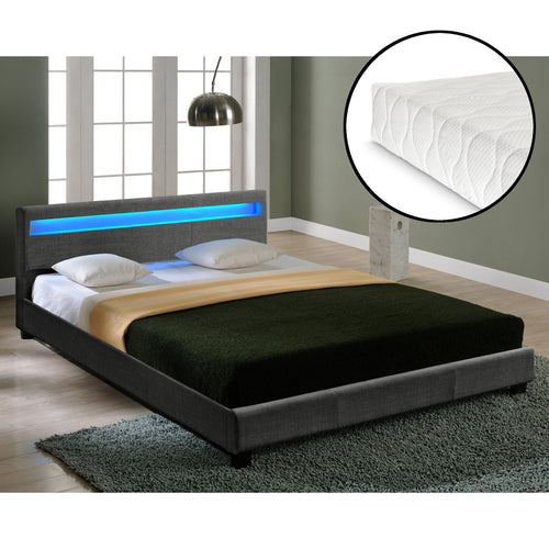 Houten tweepersoonsbed stof donkergrijs met of zonder LED-verlichting en matras - 8 varianten