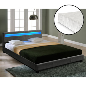 Houten tweepersoonsbed stof donkergrijs met of zonder LED-verlichting en matras - 8 varianten