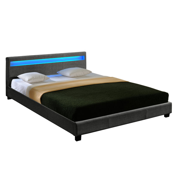 Houten tweepersoonsbed stof donkergrijs met of zonder LED-verlichting en matras - 8 varianten