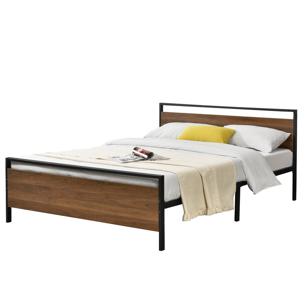 Metalen bed Finse bedframe met bedbodem zwart en walnootkleurig - 2 maten