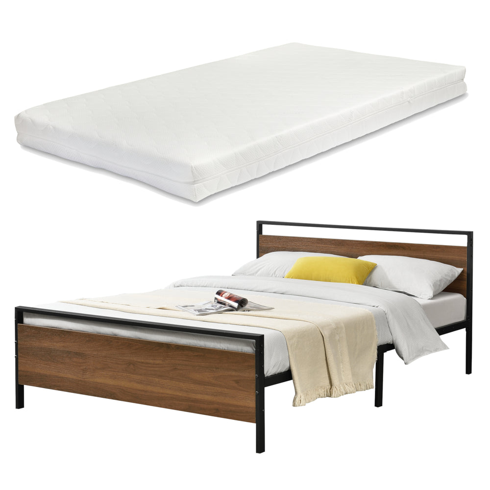 Metalen bed Finse bedframe met bedbodem en matras zwart en walnootkleurig - 2 maten