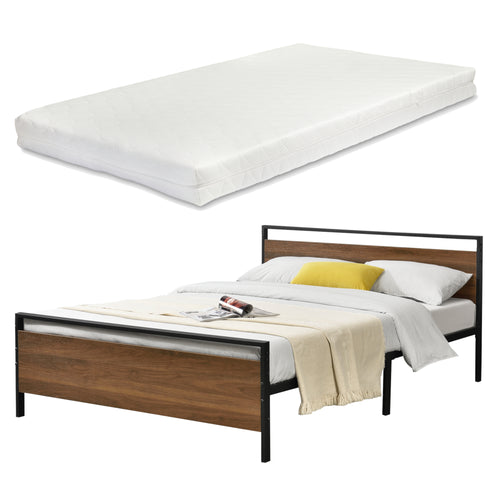 Metalen bed Finse bedframe met bedbodem en matras zwart en walnootkleurig - 2 maten
