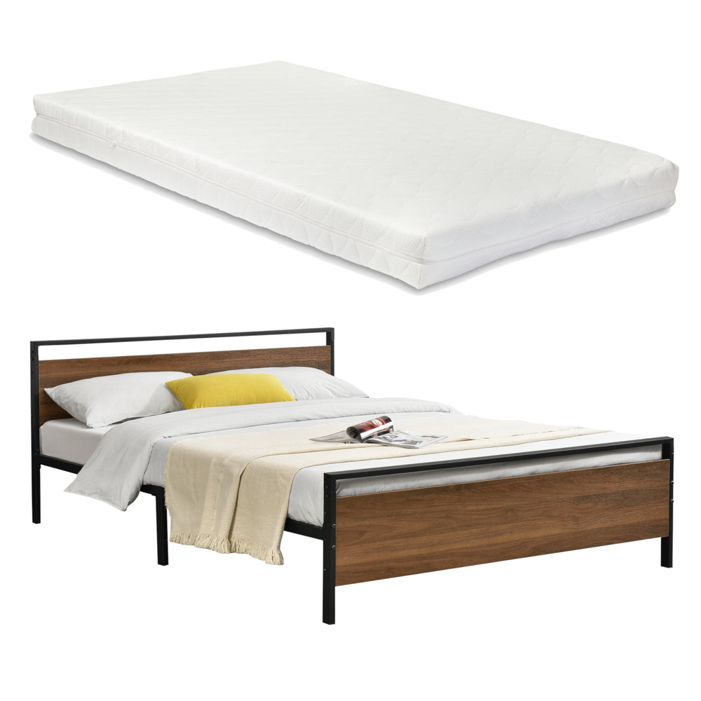 Metalen bed Finse bedframe met bedbodem en matras zwart en walnootkleurig - 2 maten