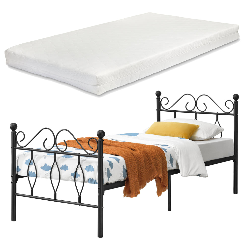 Metalen bedframe Apolda met matras en metalen bedbodem zwart - 3 varianten