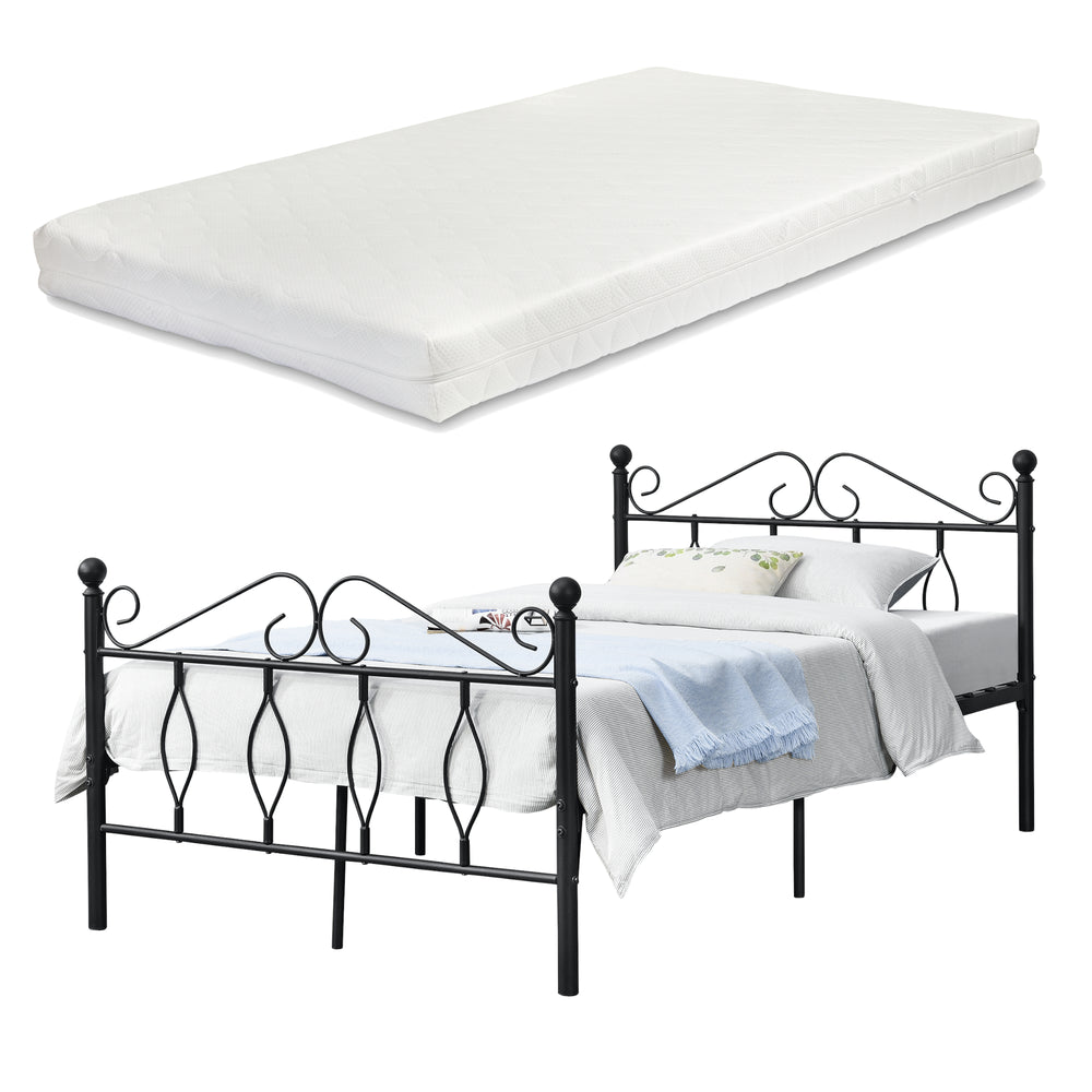 Metalen bedframe Apolda met matras en metalen bedbodem zwart - 3 varianten