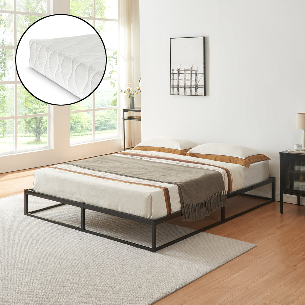 Metalen bedframe met bedbodem en matras zwart [en.casa] [neu.haus]