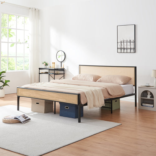 Metalen bed Linköping met rechthoekig hoofd- en voetbord zwart en rotan look [en.casa]