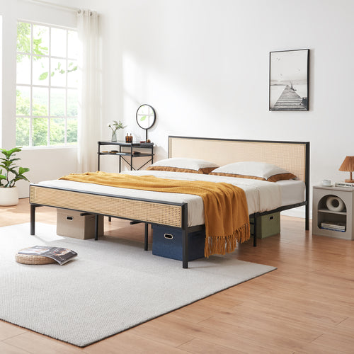 Metalen bed Linköping met rechthoekig hoofd- en voetbord zwart en rotan look [en.casa]