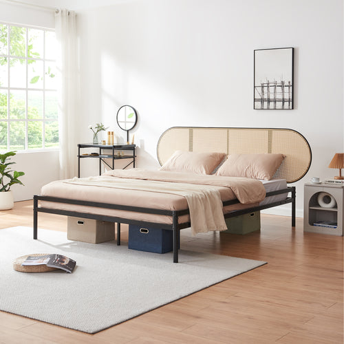 Metalen bed Linköping zwart en rotan look [en.casa]