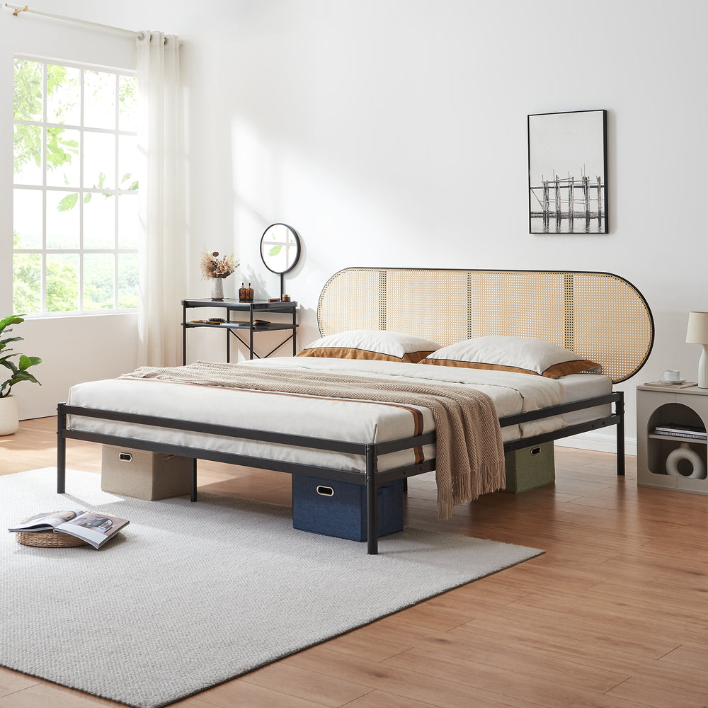 Metalen bed Linköping zwart en rotan look [en.casa]