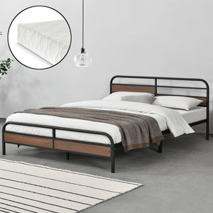 Metalen bed Aarau bedframe met bedbodem en matras zwart en walnootkleurig - 3 maten