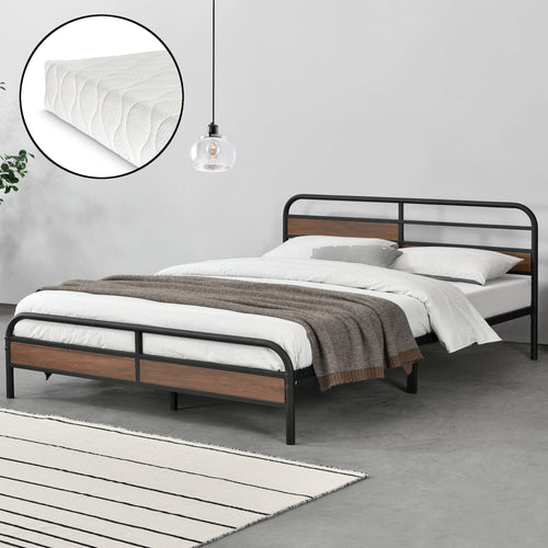 Metalen bed Aarau bedframe met bedbodem en matras zwart en walnootkleurig - 3 maten