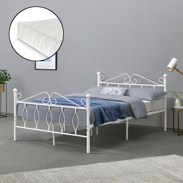 Metalen bedframe Apolda met matras en metalen bedbodem wit - 3 varianten