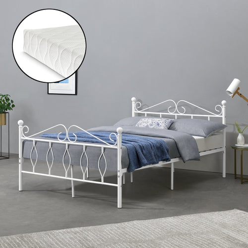 Metalen bedframe Apolda met matras en metalen bedbodem wit - 3 varianten