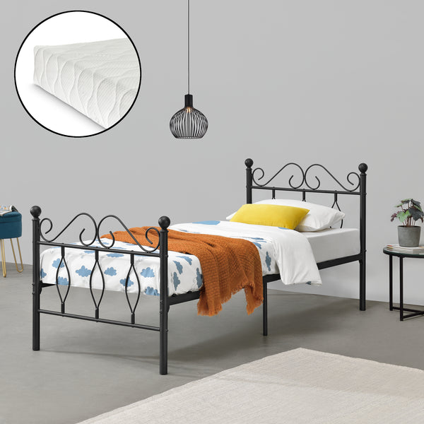 Metalen bedframe Apolda met matras en metalen bedbodem zwart - 3 varianten