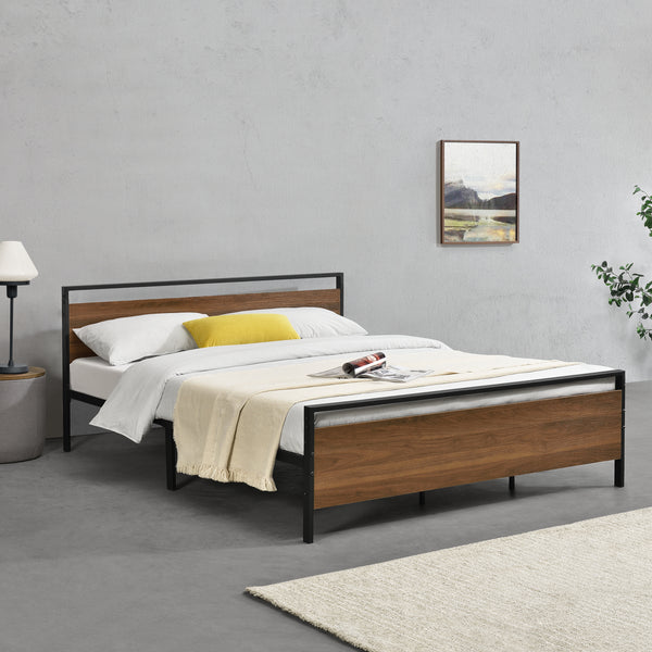Metalen bed Finse bedframe met bedbodem zwart en walnootkleurig - 2 maten