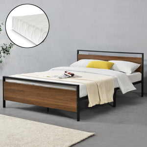 Metalen bed Finse bedframe met bedbodem en matras zwart en walnootkleurig - 2 maten