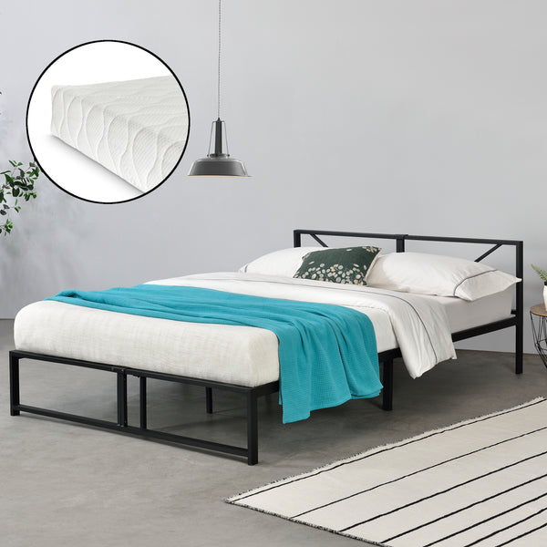 Metalen bed Meran bedframe met bedbodem en matras zwart - 3 maten