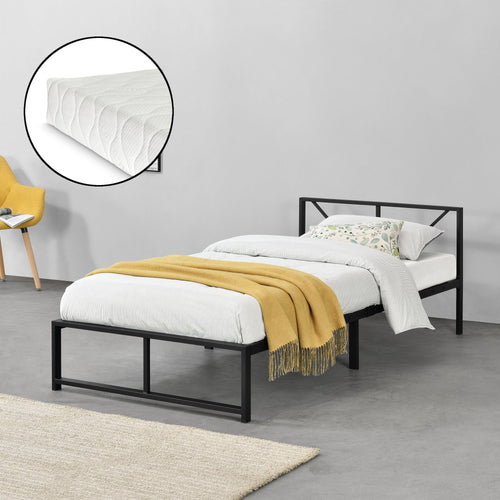 Metalen bed Meran bedframe met bedbodem en matras zwart - 3 maten