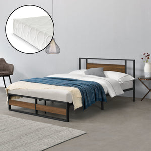 Metalen bed Villach bedframe met bedbodem en matras zwart en walnoot - verschillende maten