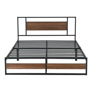 Metalen bed Villach bedframe met bedbodem en matras zwart en walnoot - verschillende maten
