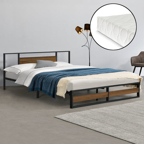 Metalen bed Villach bedframe met bedbodem en matras zwart en walnoot - verschillende maten