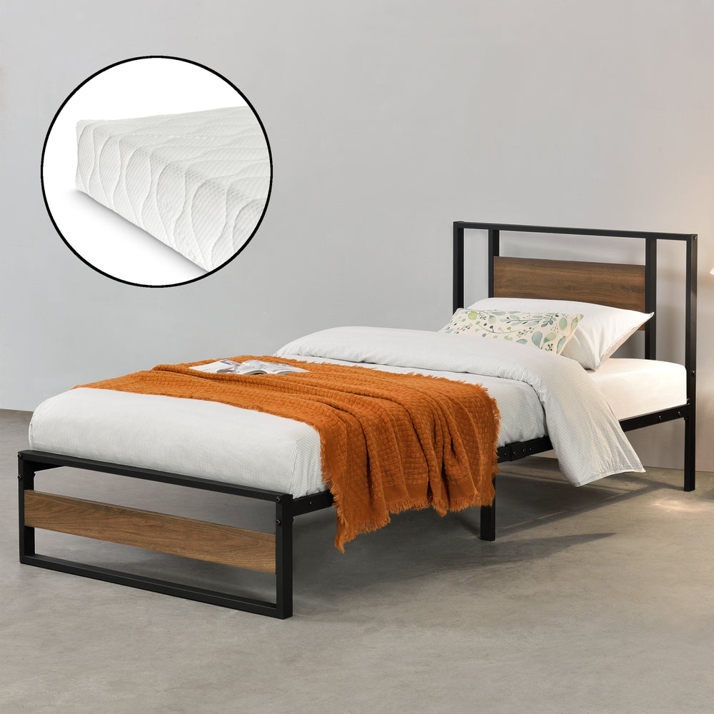 Metallbett Villach met matras in verschillende maten Zwart Walnoot - Optiek [en.casa] - premiumXL