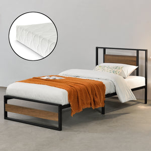 Metalen bed Villach bedframe met bedbodem en matras zwart en walnoot - verschillende maten
