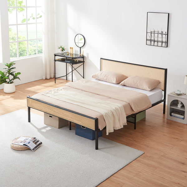 Metalen bed met matras Linköping zwart en rotan look [en.casa]