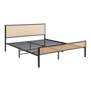 Metalen bed Linköping met rechthoekig hoofd- en voetbord zwart en rotan look [en.casa]