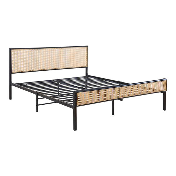 Metalen bed Linköping met rechthoekig hoofd- en voetbord zwart en rotan look [en.casa]