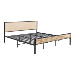 Metalen bed Linköping met rechthoekig hoofd- en voetbord zwart en rotan look [en.casa]