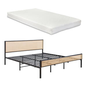Metalen bed met matras Linköping zwart en rotan look [en.casa]