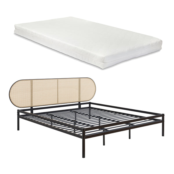 Metalen bed Linköping met matras zwart en rotan look [en.casa]