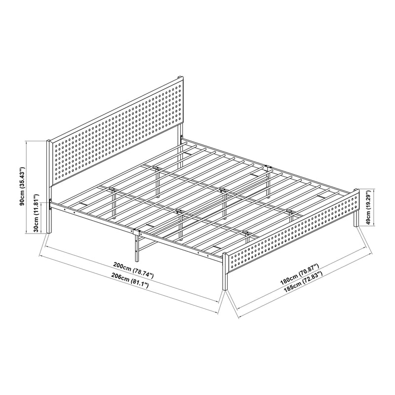 Maatschets Metalen bed Linköping met rechthoekig hoofd- en voetbord zwart en rotan look [en.casa]