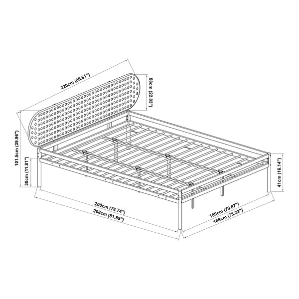 Metalen bed Linköping met matras zwart en rotan look [en.casa]