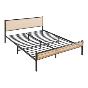 Metalen bed Linköping met rechthoekig hoofd- en voetbord zwart en rotan look [en.casa]