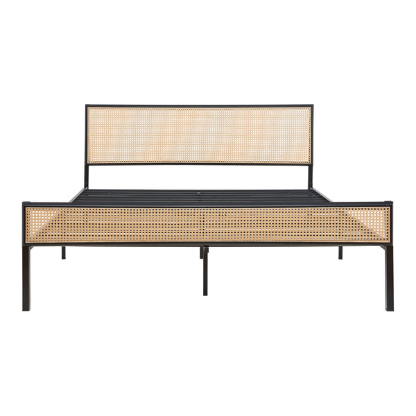 Metalen bed Linköping met rechthoekig hoofd- en voetbord zwart en rotan look [en.casa]