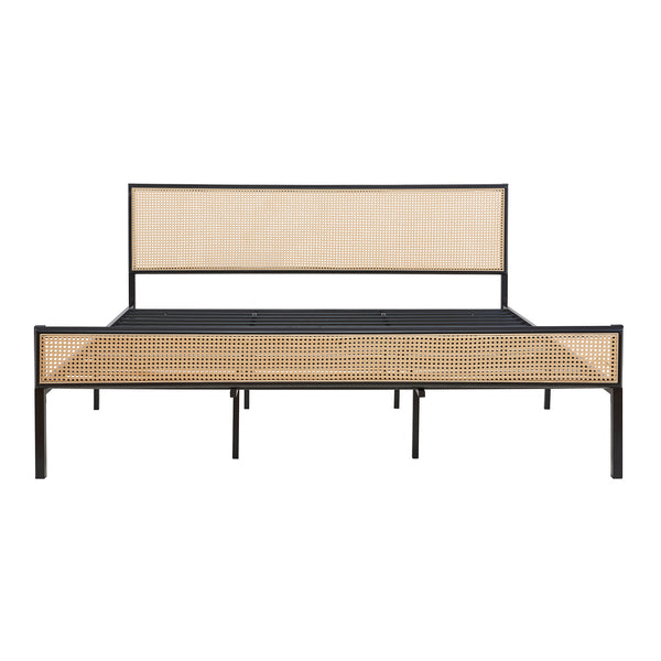 Metalen bed met matras Linköping zwart en rotan look [en.casa]